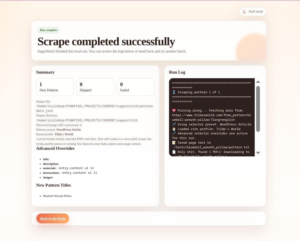 SugarStitch completed run summary with log output