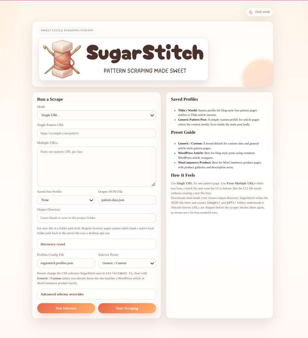 SugarStitch homepage with scrape form and saved profiles panel